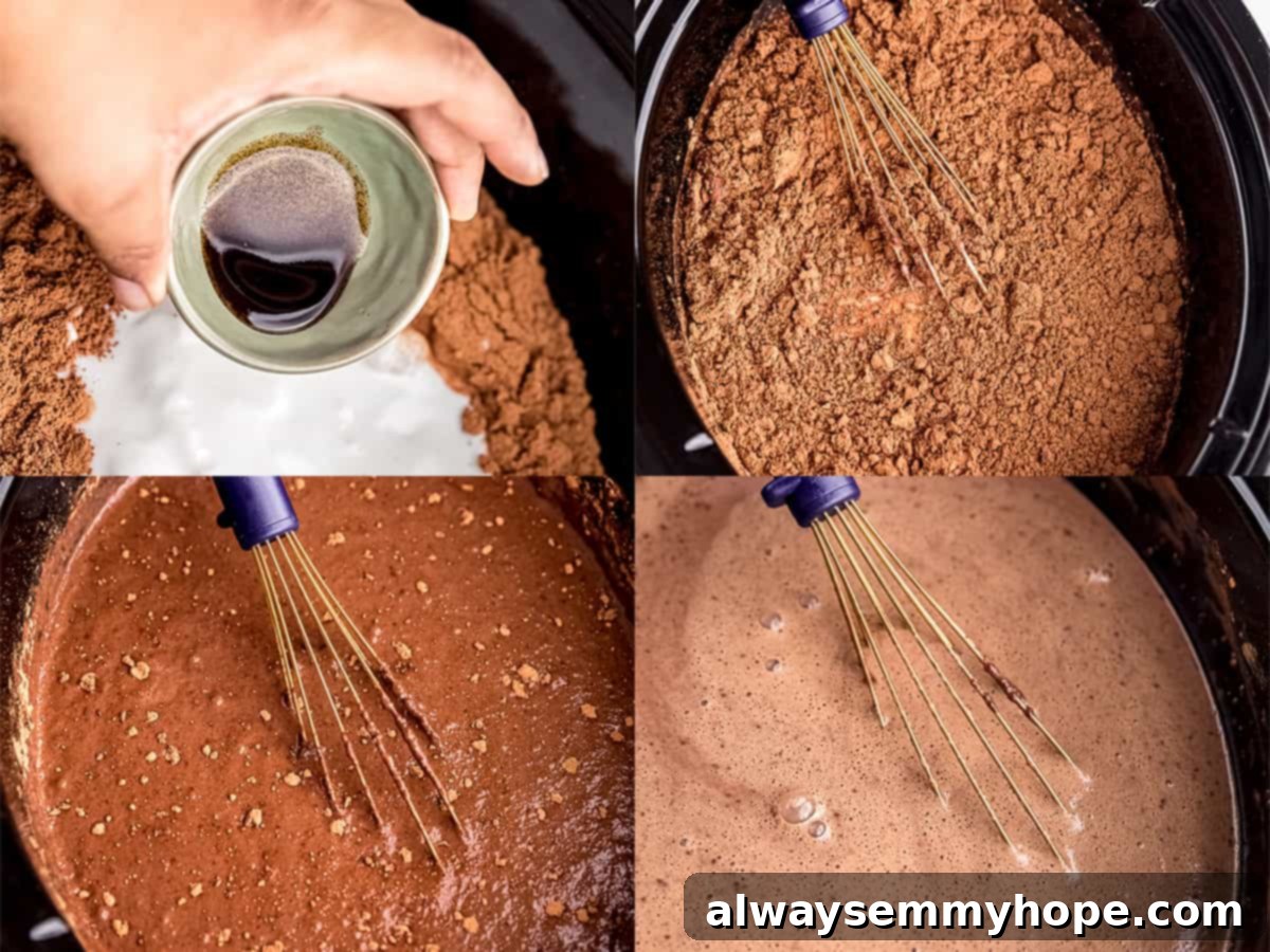 A visual guide showing the initial steps of combining ingredients in your slow cooker for this delicious hot chocolate. Step-by-step image of combining ingredients for slow cooker hot chocolate in a crockpot