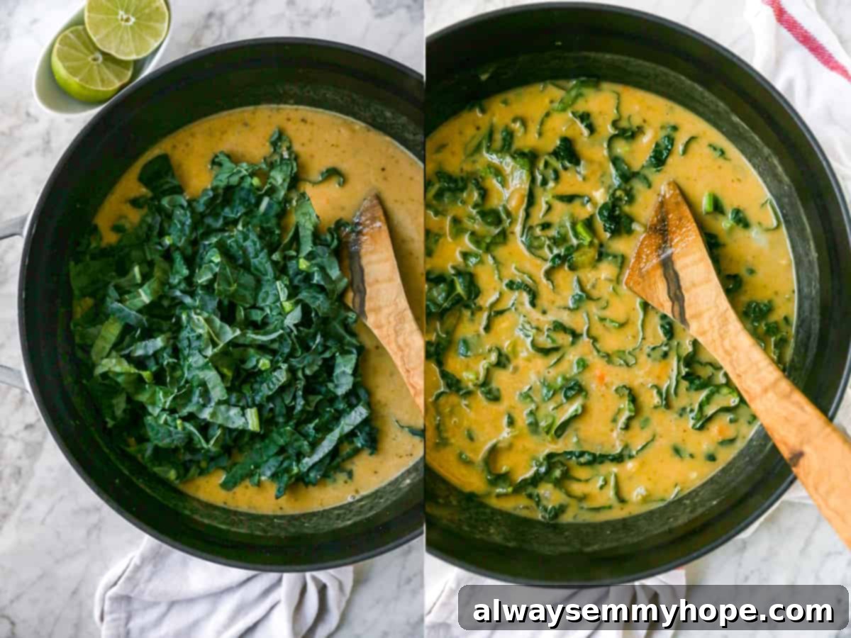Adding fresh kale and lime juice to the simmering white bean soup, stirring to incorporate them for a fresh finish.