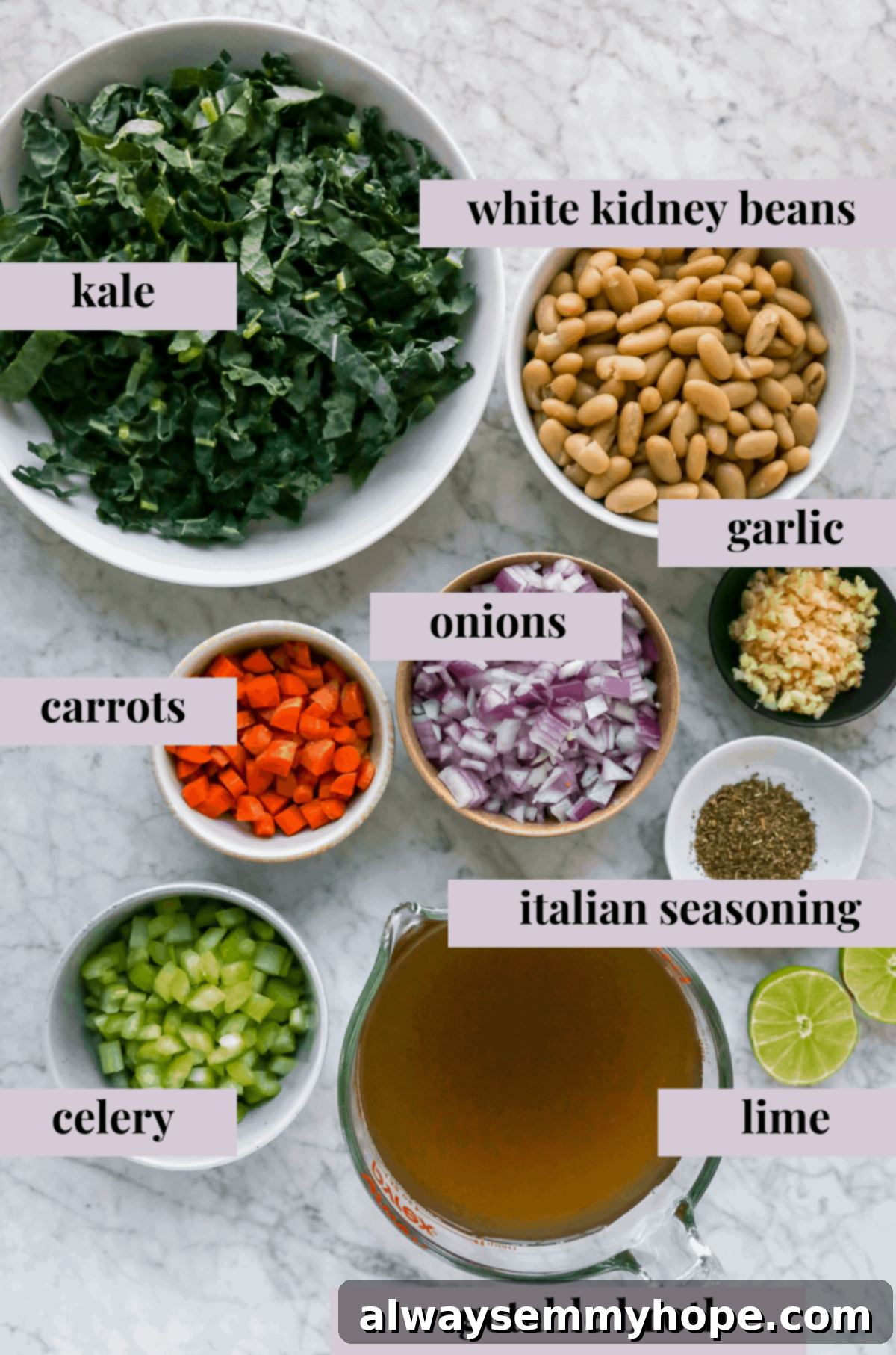 A colorful flat lay of ingredients for Tuscan White Bean Soup, including fresh onions, celery, carrots, garlic, canned white kidney beans, vegetable broth, kale, and a lime, with text overlays describing each component.