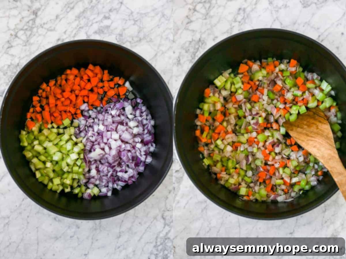 Initial step of making white bean soup: Sautéing diced onions, celery, and carrots in a large pot over medium heat until softened.