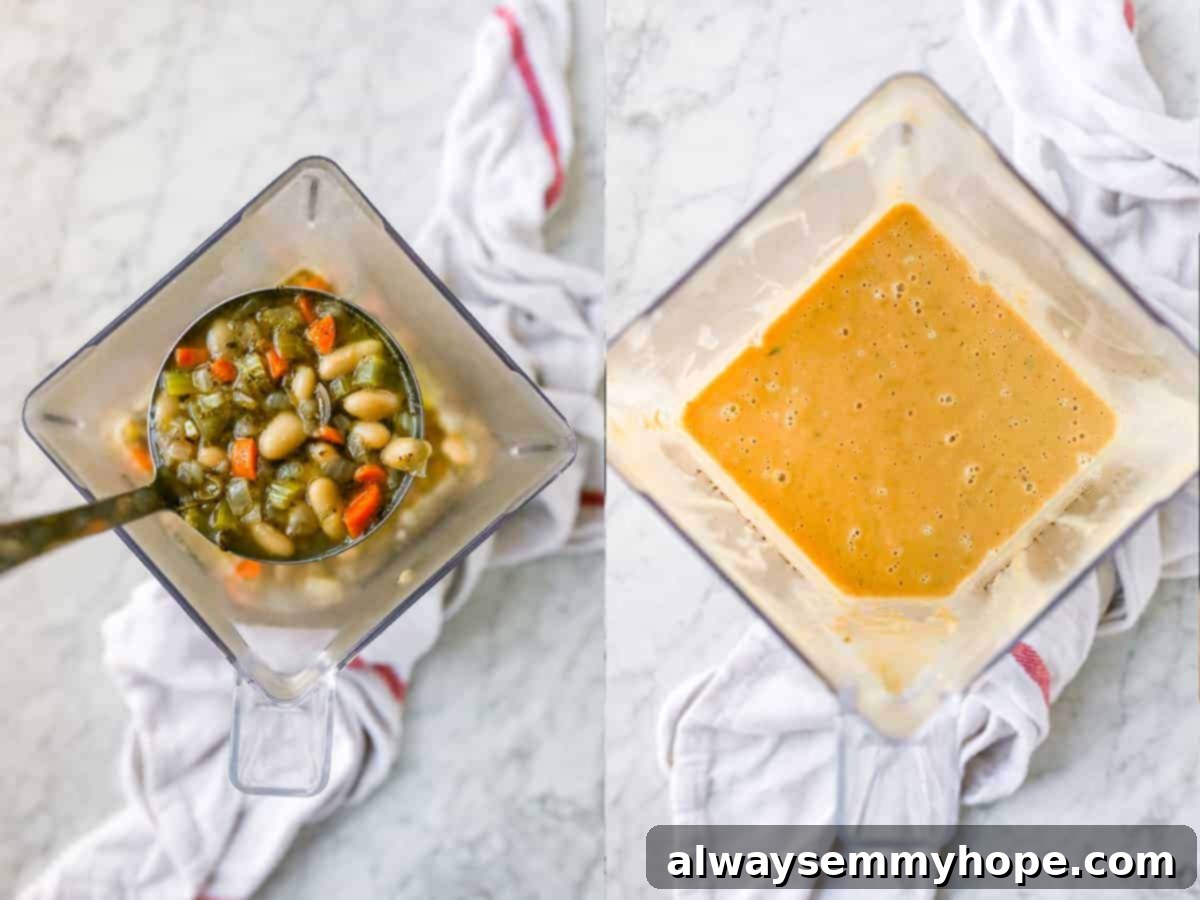 Step-by-step instruction showing a portion of the white bean soup being blended in a blender to create a creamy base.