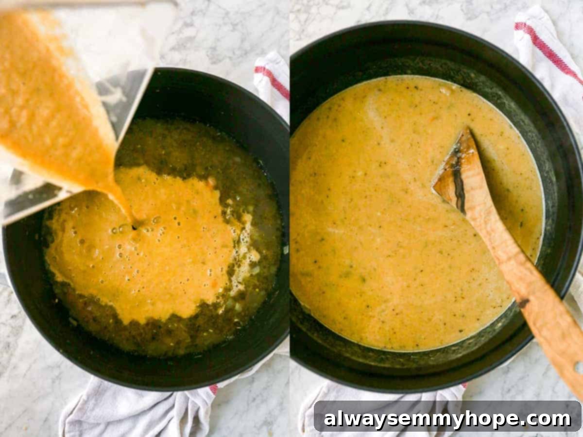 Pouring the blended, creamy portion of the white bean soup back into the pot with the remaining chunky soup.