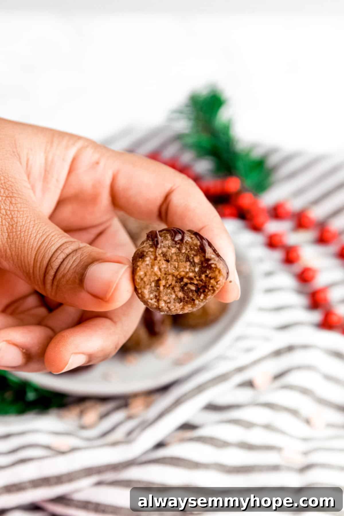 Festive Gingerbread Energy Bites 6 A hand holding a gingerbread energy bite with a small bite taken out, showing its delicious texture and highlighting it as a perfect healthy snack.