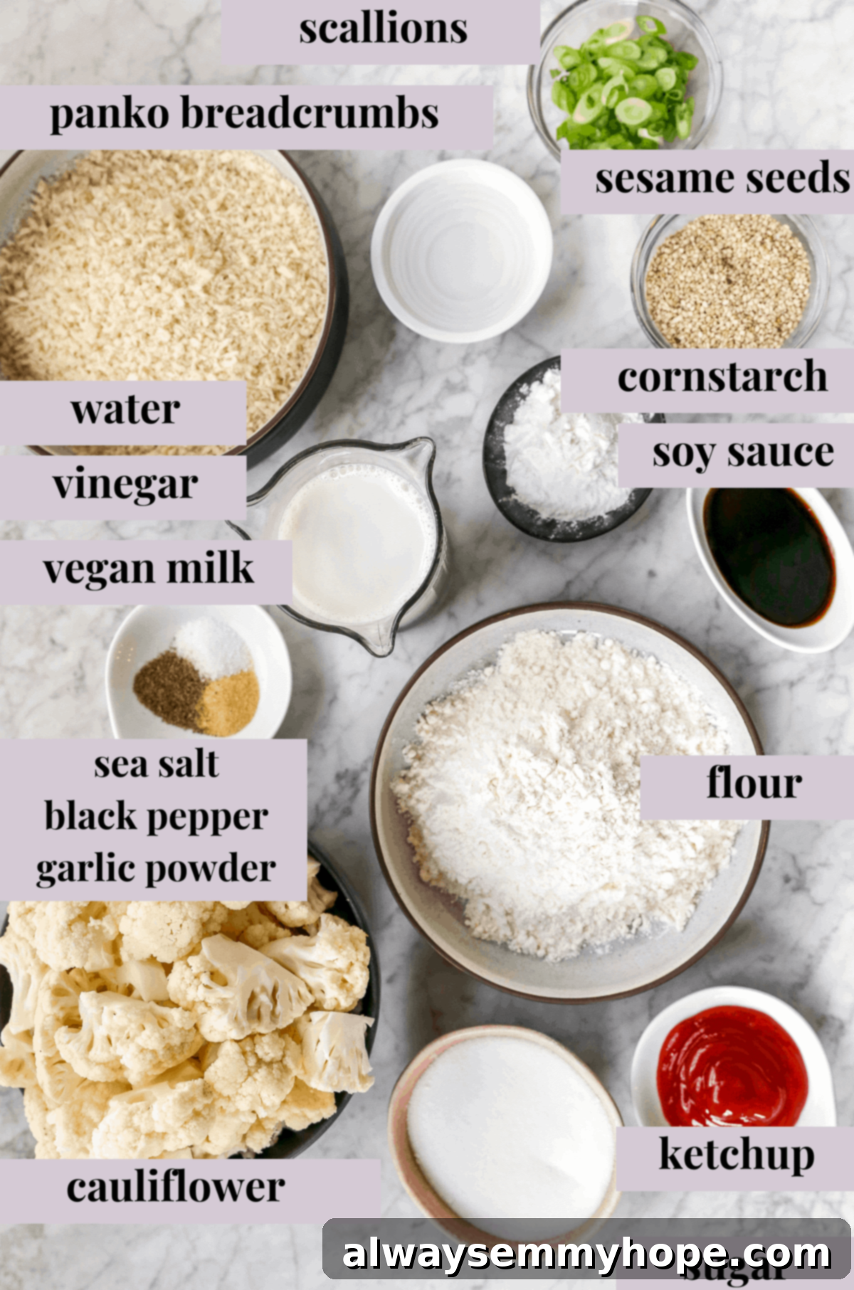 Crispy Sweet and Sour Cauliflower Wings 3 A vibrant overhead shot showcasing all the fresh ingredients needed to prepare crispy sweet and sour cauliflower wings.
