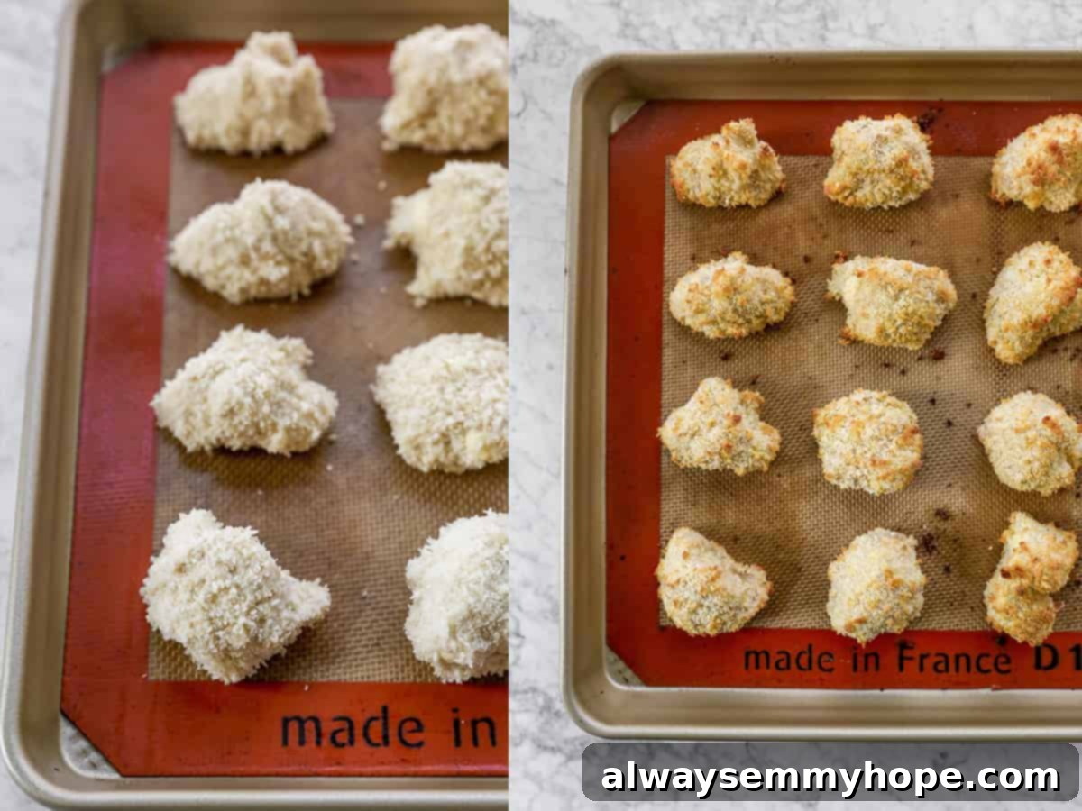 Crispy Sweet and Sour Cauliflower Wings 8 An overhead shot of perfectly breaded cauliflower florets arranged neatly on a baking tray, ready to be baked into crispy wings.