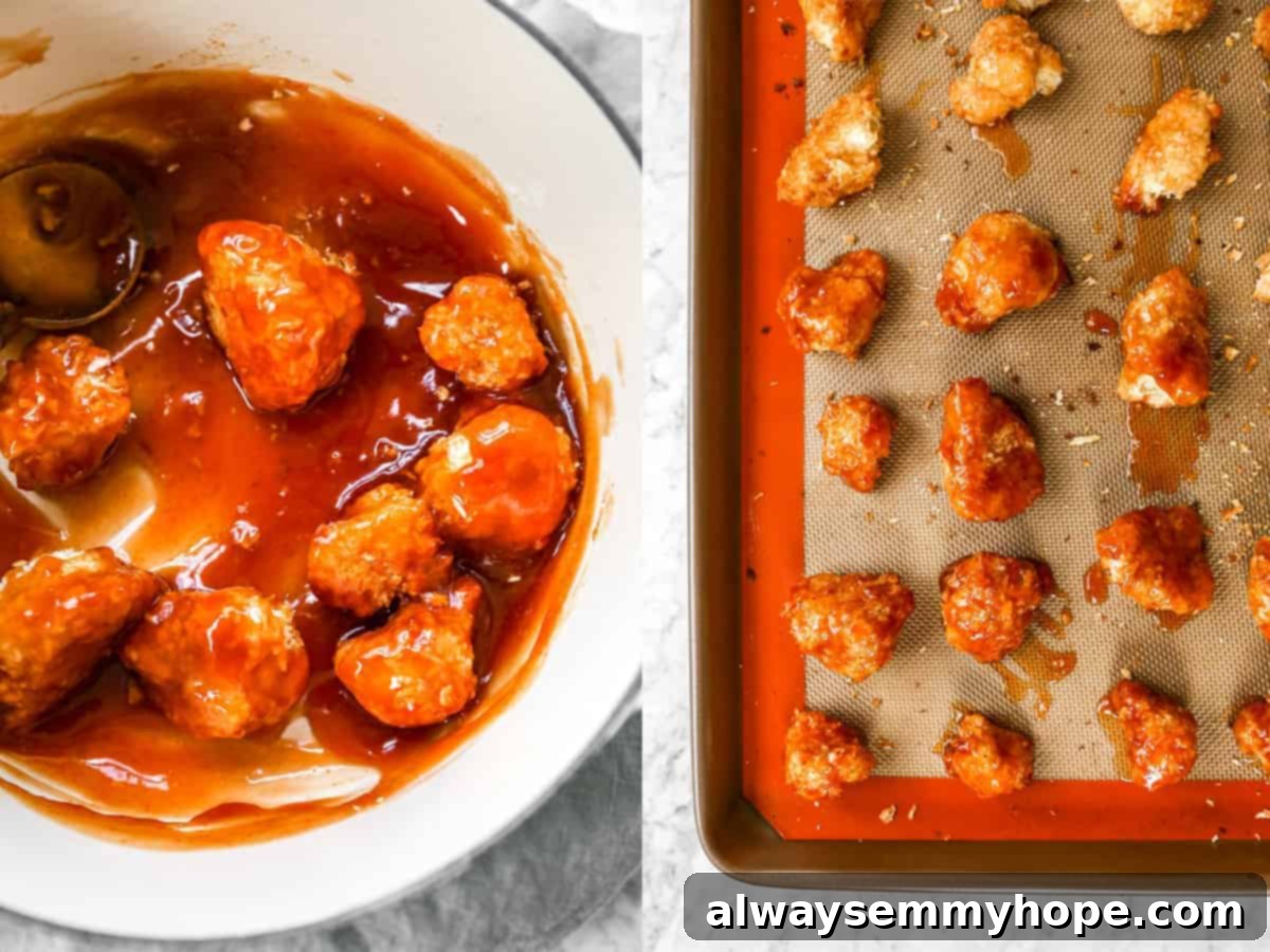 Crispy Sweet and Sour Cauliflower Wings 10 A side-by-side shot illustrating the process: crispy cauliflower wings tossed in sweet and sour sauce in a pot, then returned to the baking sheet for a final bake.