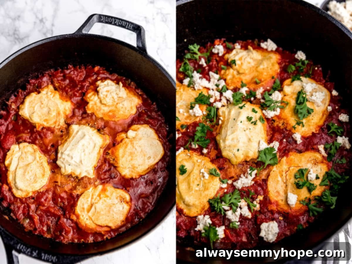 Wholesome Vegan Shakshuka 11 A close-up shot of the vegan shakshuka cooking in the cast iron skillet, with the tofu eggs visibly setting within the bubbling tomato sauce, achieving a perfect poached texture.