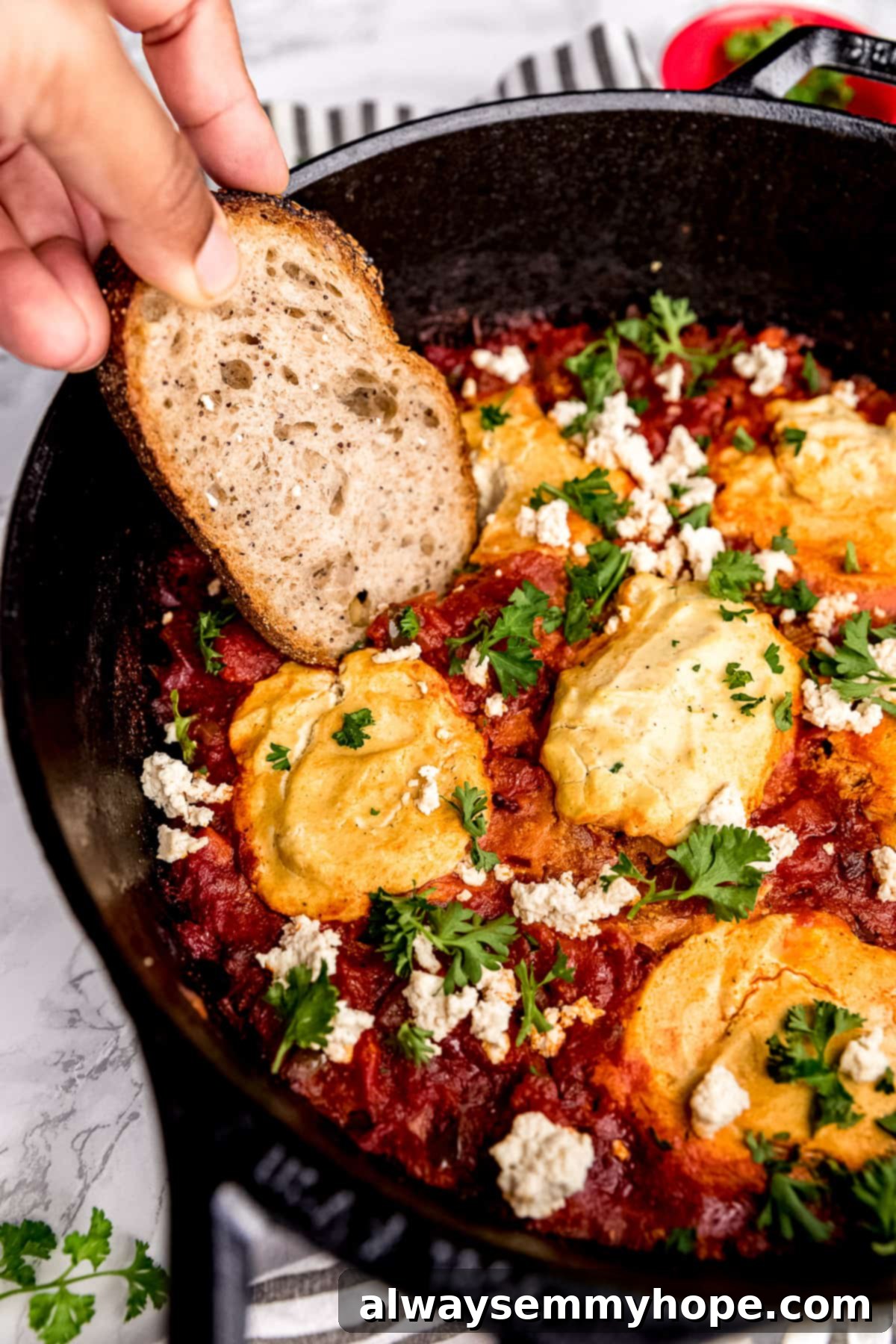 Wholesome Vegan Shakshuka 12 A piece of pita bread being dipped into a rich and flavorful vegan shakshuka, showcasing the perfect consistency of the tomato sauce and the inviting tofu eggs.