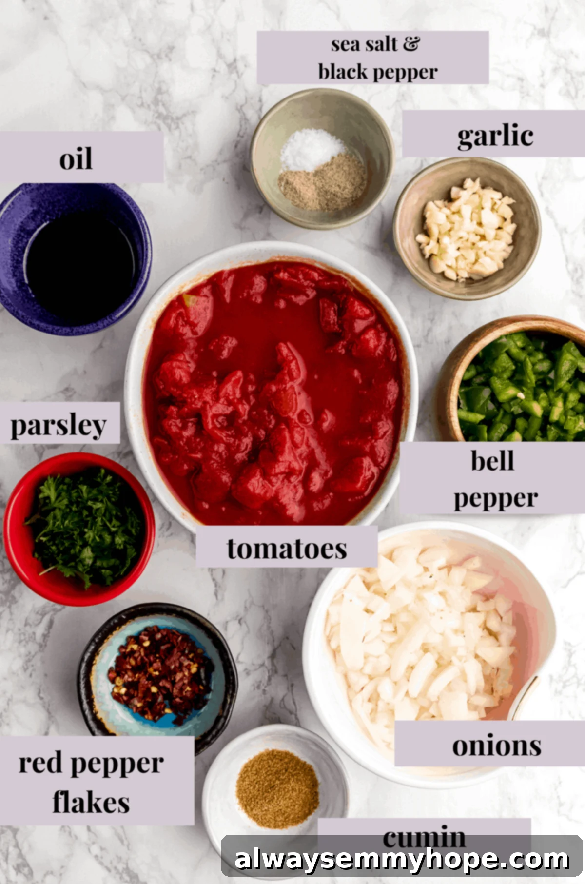 Wholesome Vegan Shakshuka 4 A vibrant display of fresh and canned ingredients laid out on a wooden surface for making Vegan Shakshuka, including diced tomatoes, bell peppers, onions, garlic, and cumin.