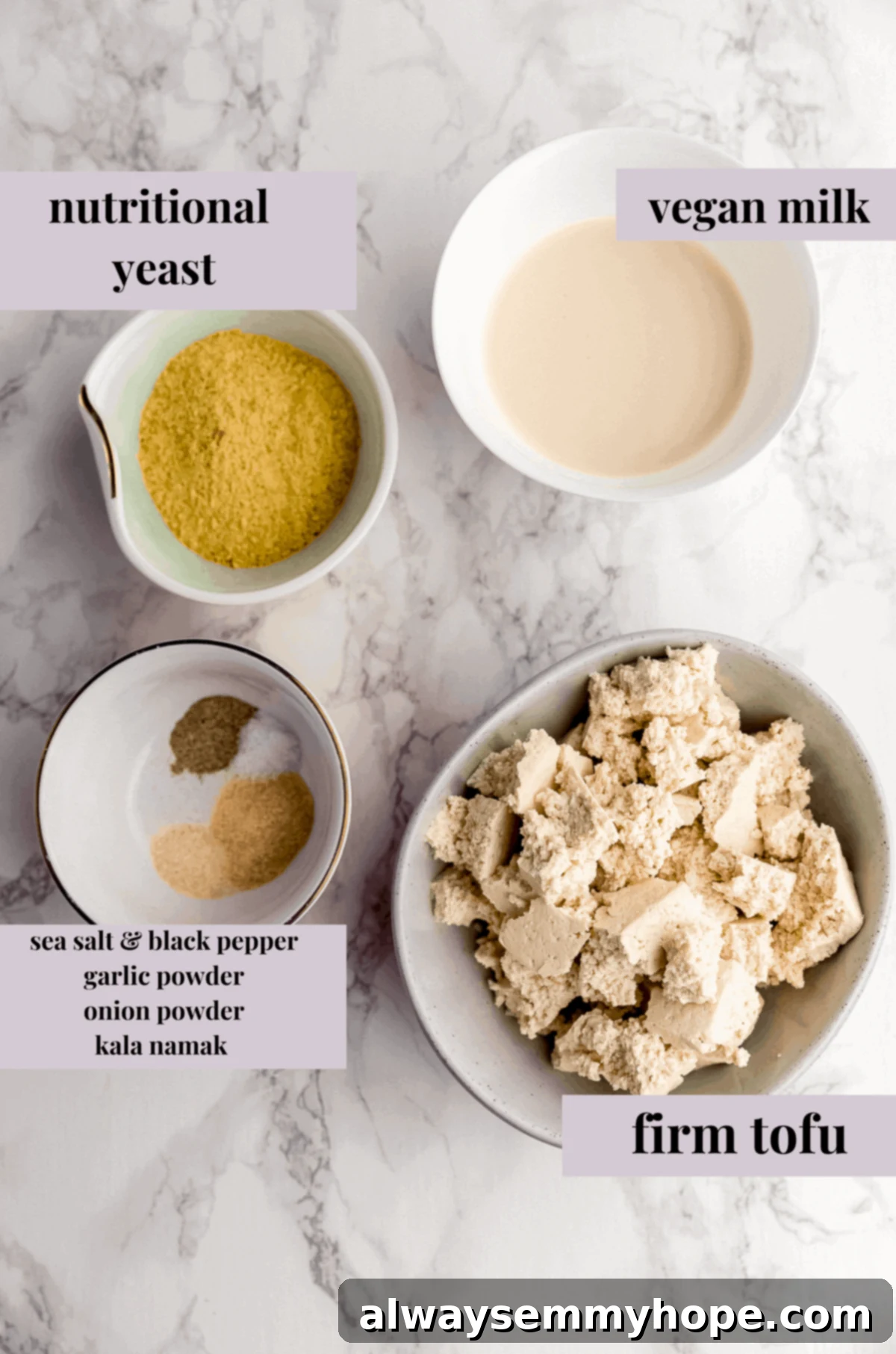 Wholesome Vegan Shakshuka 5 Ingredients for preparing vegan tofu eggs, including a block of tofu, nutritional yeast, kala namak, and various spices, arranged on a countertop.