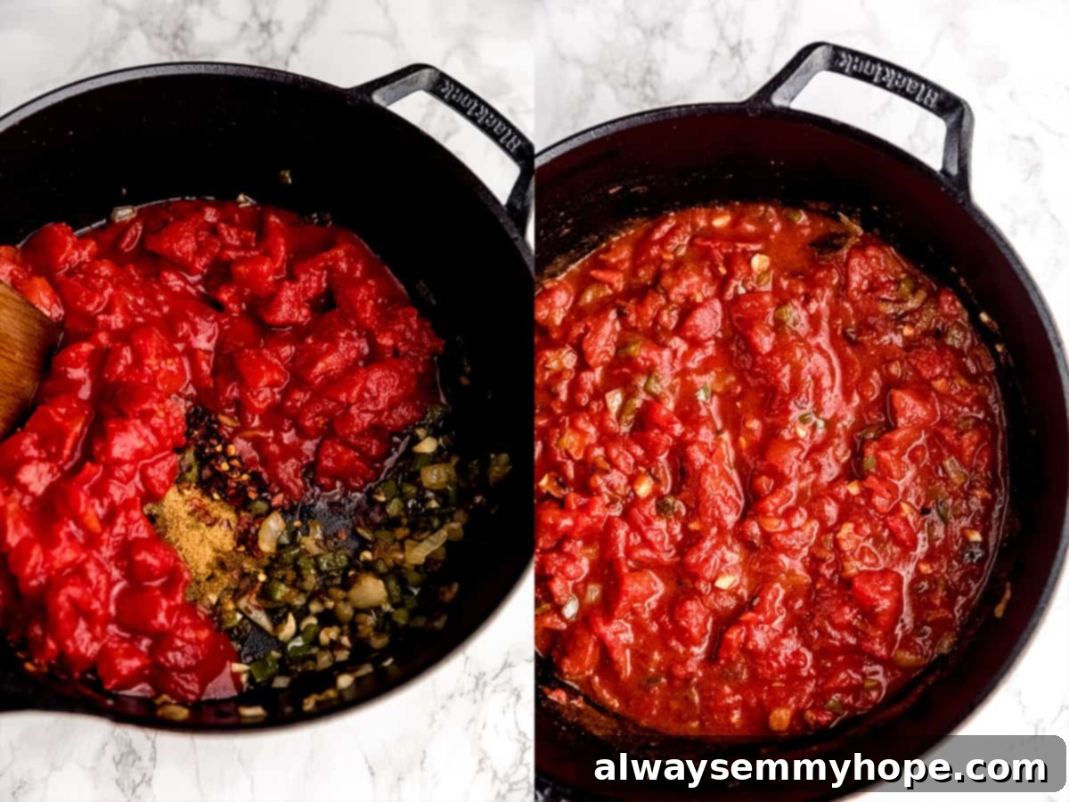 Wholesome Vegan Shakshuka 9 A step-by-step image showing diced tomatoes being poured into the cast iron skillet with sautéed vegetables, beginning the rich tomato sauce for the vegan shakshuka.