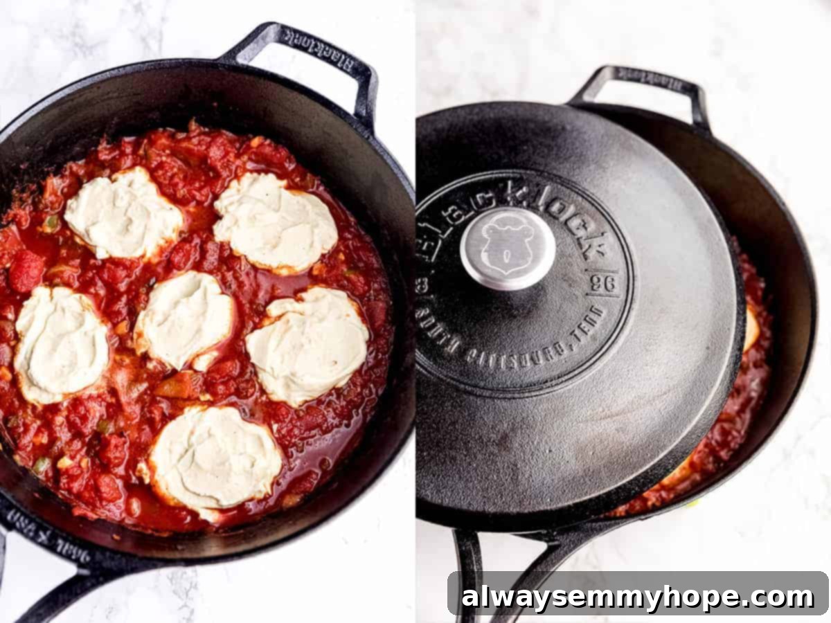 Wholesome Vegan Shakshuka 10 Step-by-step photo showing small wells created in the simmering tomato sauce, ready for the vegan tofu egg mixture to be scooped in for poaching.