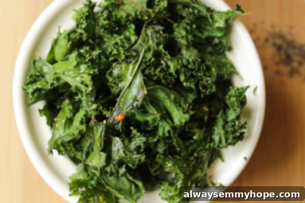 A bowl of crispy seasoned kale, an ideal healthy snack option. Overhead shot of perfectly crisped seasoned kale in a white ceramic bowl.