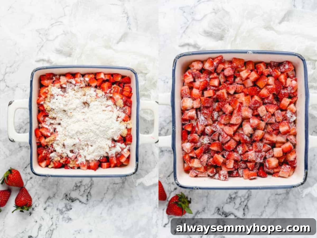 Preparing the Juicy Strawberry Filling for Crisp Side by side photos showing the steps of coating strawberries with sugar and flour in a baking dish, and then adding orange juice.