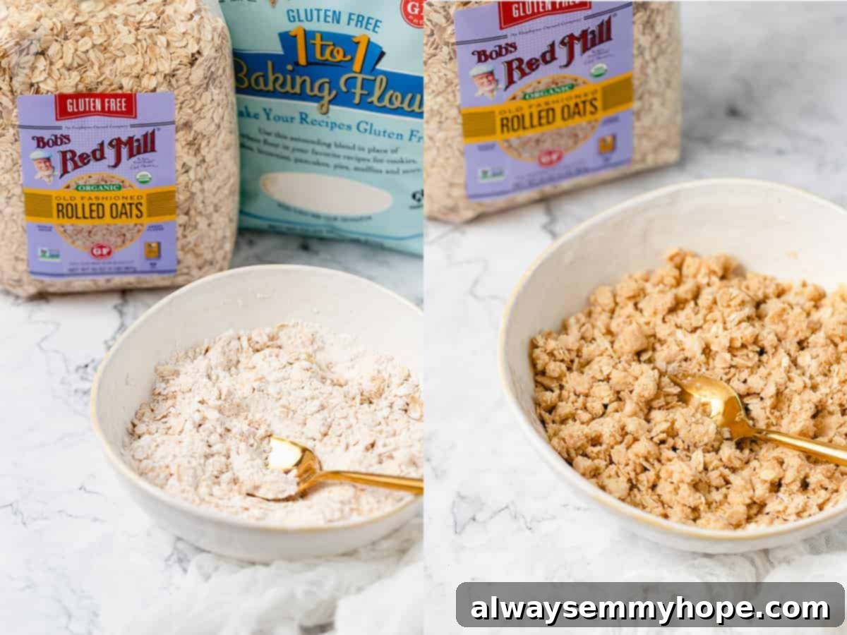 Crafting the Perfect Crispy Oat Topping Side by side photos demonstrating how to create the crisp topping: mixing dry ingredients, adding melted vegan butter, and then forming a crumbly texture with fingers.