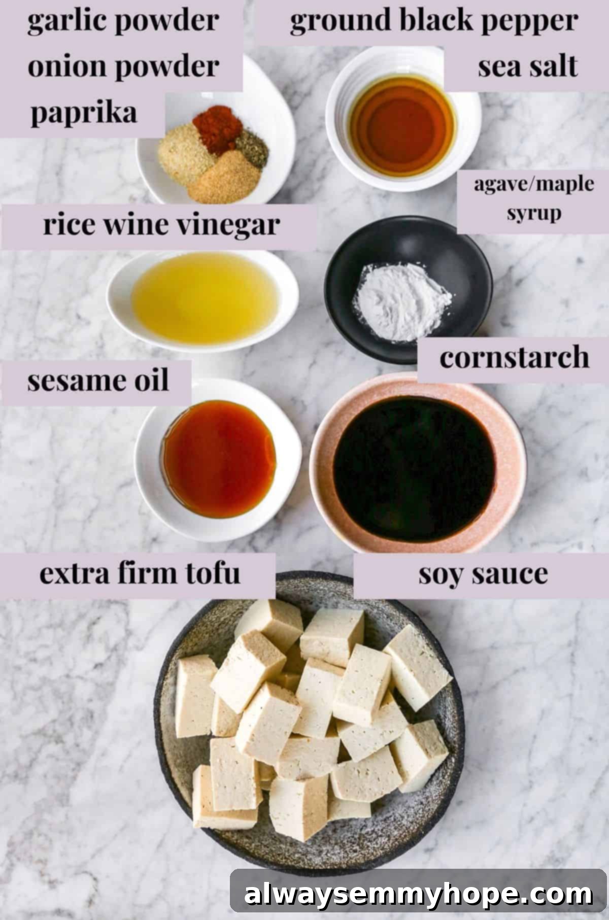 A selection of fresh ingredients laid out, including a block of tofu, soy sauce, rice wine vinegar, sesame oil, agave, and various spices, ready for making marinated tofu.