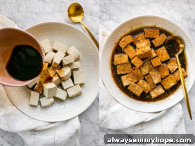 Step-by-step photos showing the process of making marinated tofu, from pressing and cubing to mixing with marinade.