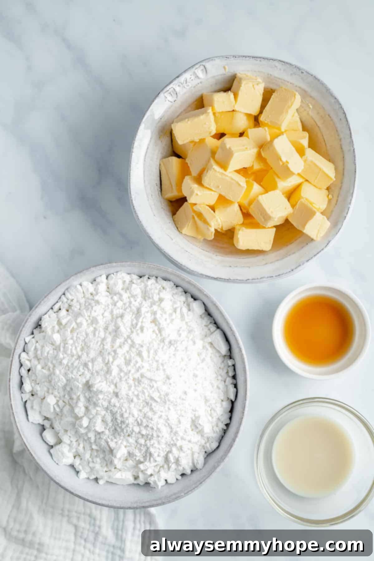 Easy 4 Ingredient Vegan Buttercream Frosting 4 vegan buttercream frosting ingredients in separate bowls