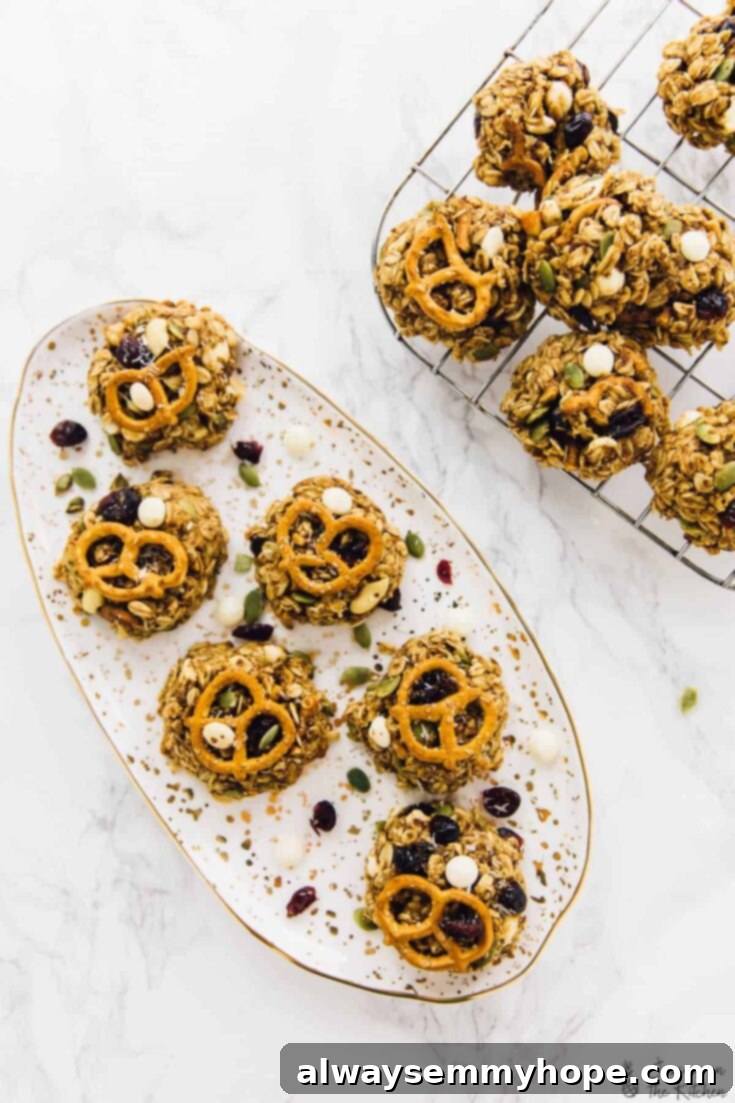 13 Irresistible Vegan Cookie Recipes 5 A stack of hearty and chewy vegan and gluten-free trail mix cookies, loaded with various nuts, seeds, and dried fruit for a nourishing snack.