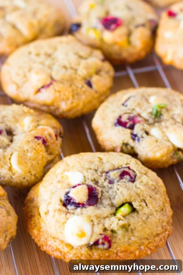 13 Irresistible Vegan Cookie Recipes 10 Festive flourless white chocolate cranberry pistachio cookies, perfect for Christmas, showing off their vibrant colors and soft texture.