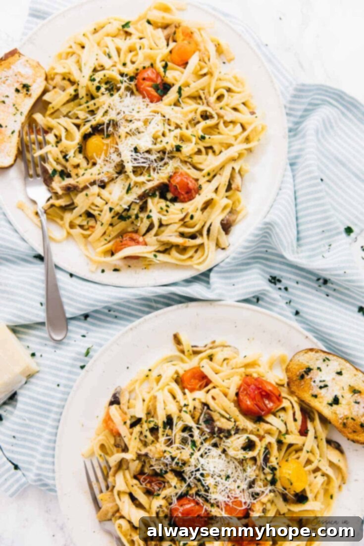 Date Night Burst Tomato, Mushroom and Garlic Creamy Pasta, an elegant vegan dish.