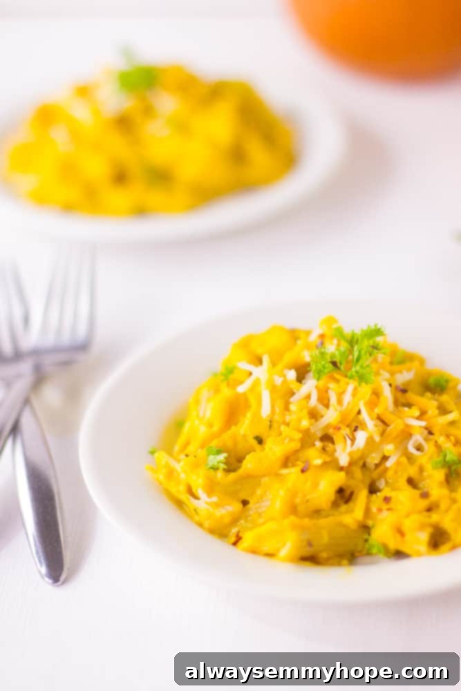 Creamy Pumpkin Alfredo Penne Pasta, a unique twist on a classic.