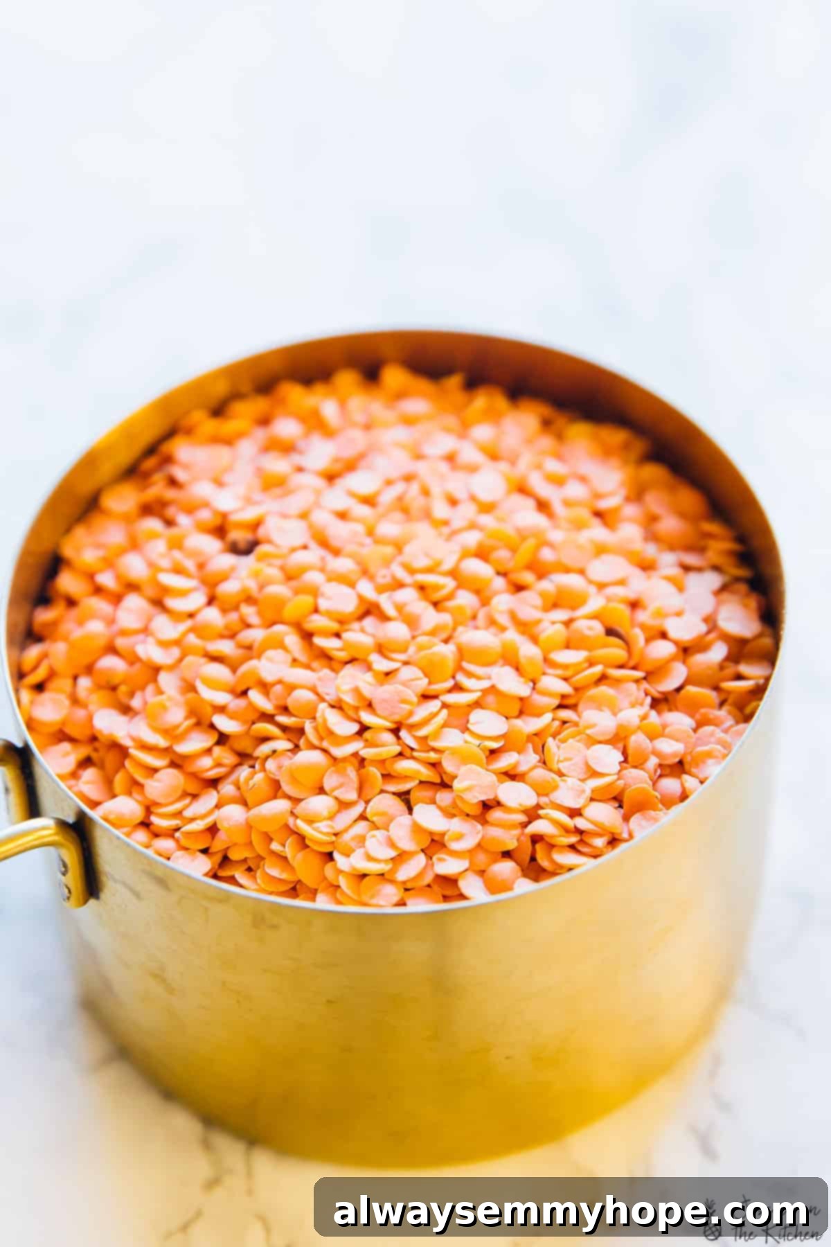 A glistening gold saucepan filled with raw red lentils, ready for cooking, resting on a clean white granite countertop.