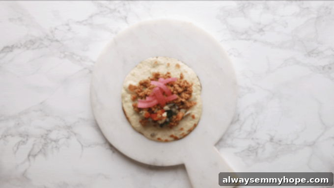 Irresistible Vegan Tacos 13 A vegan taco topped with vibrant pickled onions.