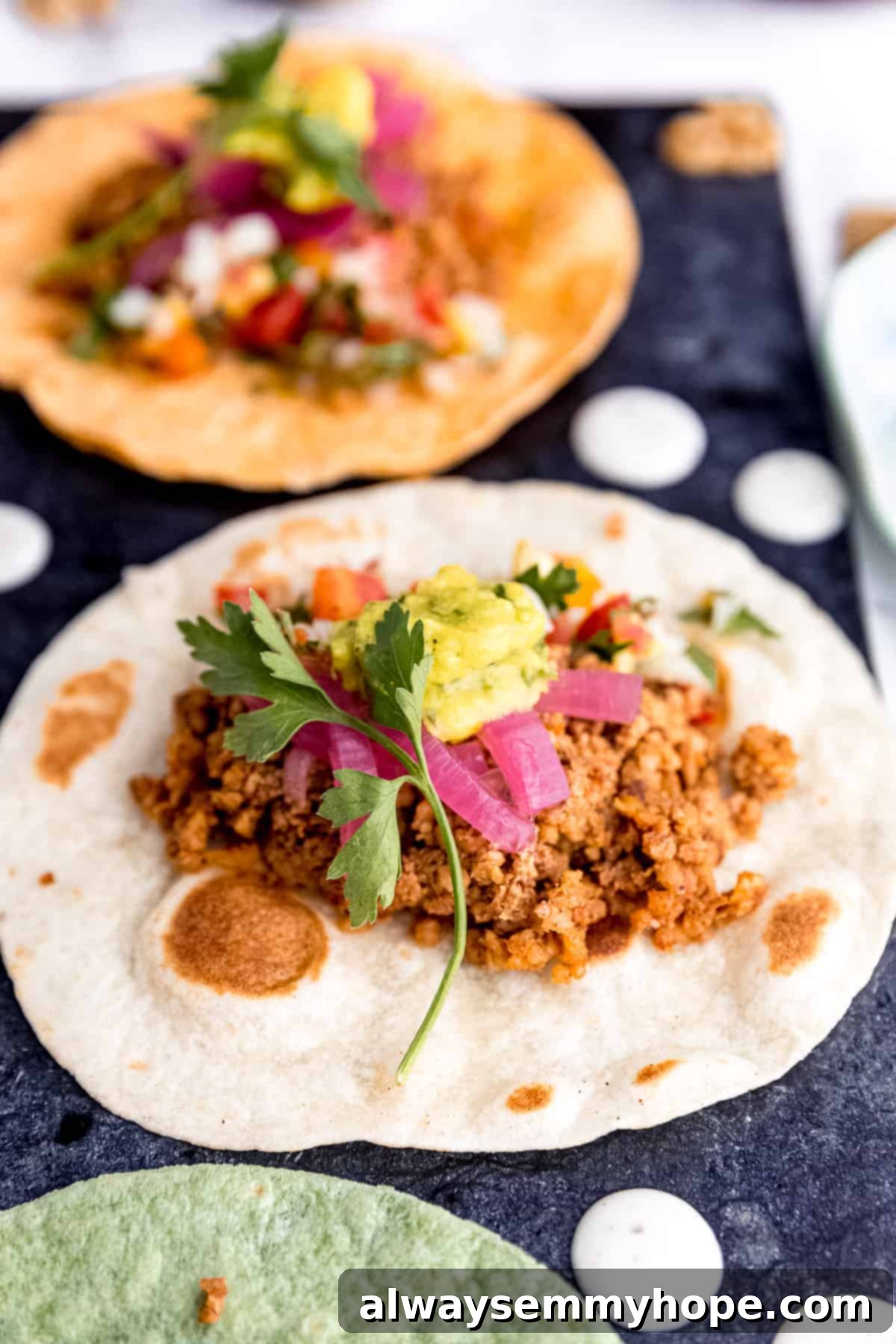 Irresistible Vegan Tacos 15 A close-up of a vegan taco garnished with fresh cilantro, highlighting its vibrant toppings.