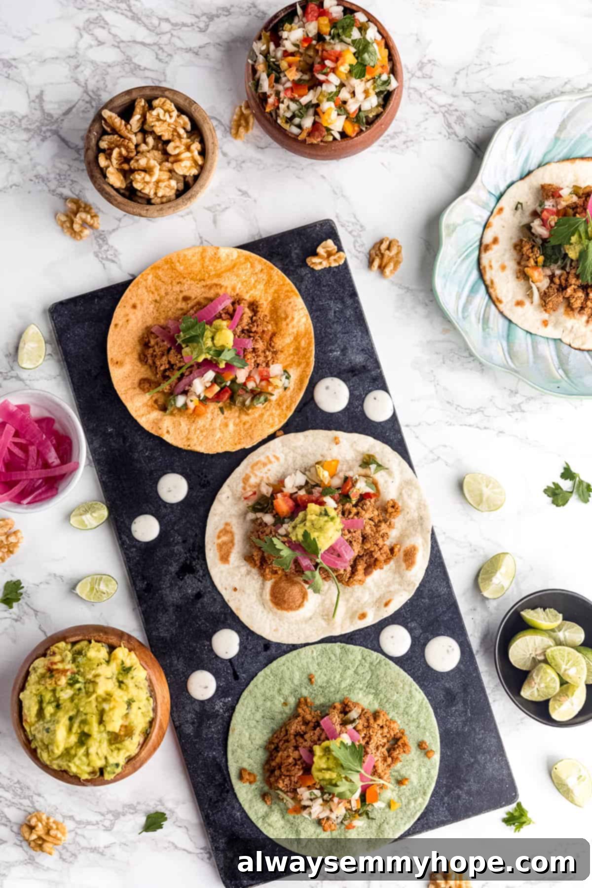 Irresistible Vegan Tacos 16 Ground walnut tacos beautifully adorned with a variety of fresh and colorful toppings.