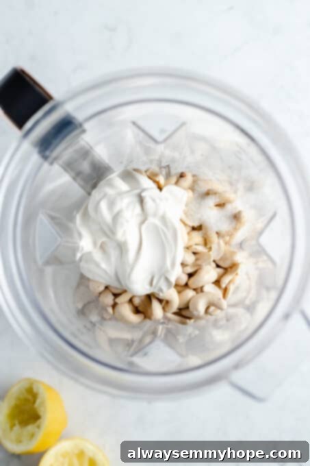 Soaked raw cashews and plain vegan yogurt being added to a high-speed blender.