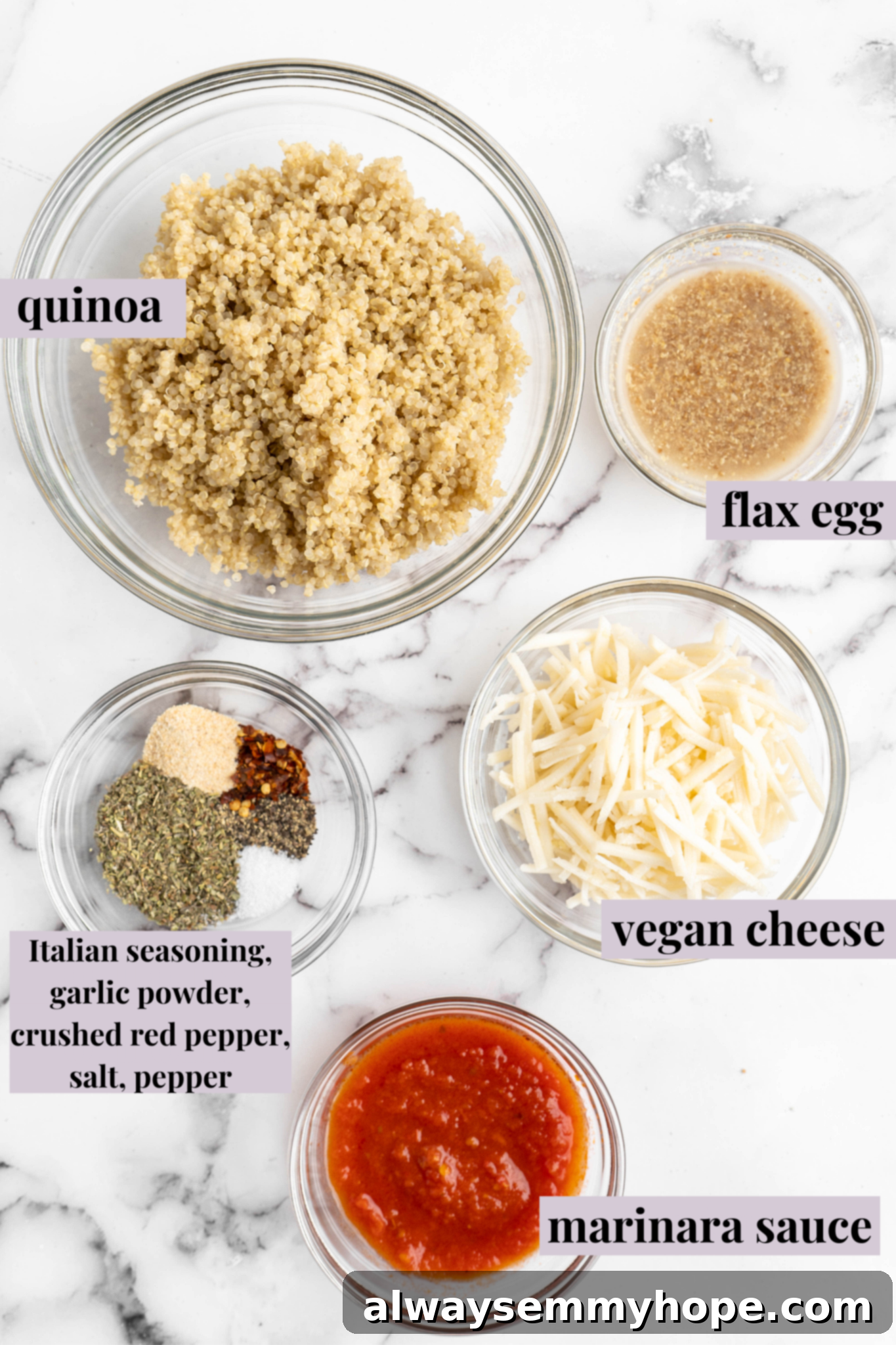 Essential ingredients for crafting perfect Quinoa Pizza Bites: simple, wholesome, and delicious! Overhead view of various quinoa pizza bite ingredients laid out and labeled