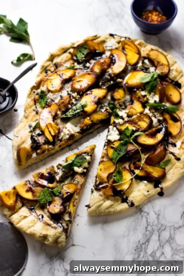 Grilled Peach, Basil and Vegan Goat Cheese Pizza with Balsamic Glaze