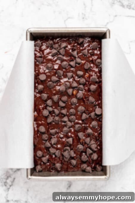 Fudgy Vegan Chocolate Banana Bread 11 Chocolate banana bread batter in a loaf pan, adorned with extra chocolate chips on top, ready for the oven.