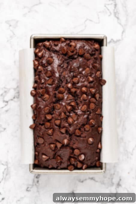 Fudgy Vegan Chocolate Banana Bread 12 A freshly baked loaf of vegan chocolate banana bread, golden brown and perfectly risen, cooling in its pan.