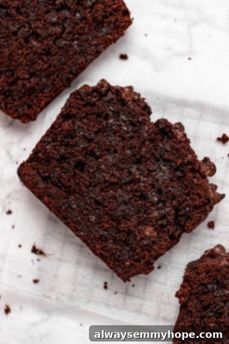 Fudgy Vegan Chocolate Banana Bread 15 A perfectly baked slice of chocolate chip banana bread resting on a cooling rack.