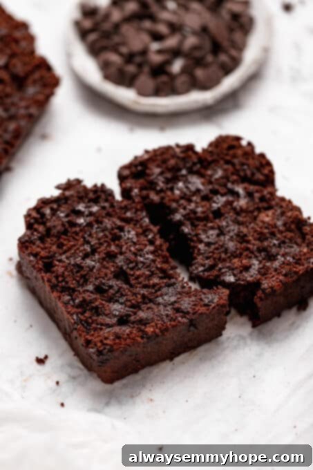 Fudgy Vegan Chocolate Banana Bread 17 A rich slice of vegan chocolate banana bread, cut in half to show its fudgy interior and chocolate chips.