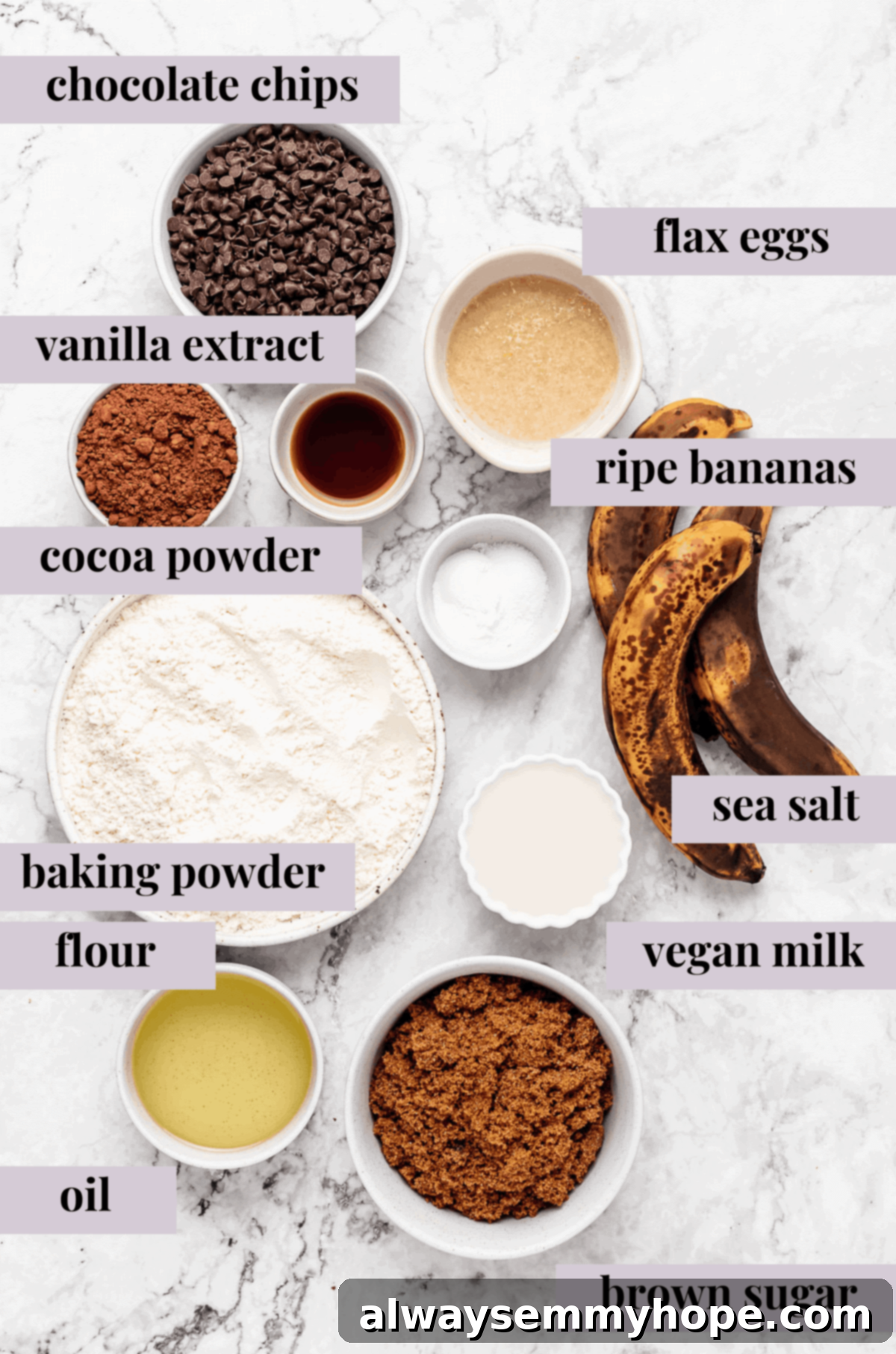 Fudgy Vegan Chocolate Banana Bread 4 All the dry and wet ingredients for making chocolate banana bread laid out on a kitchen counter.