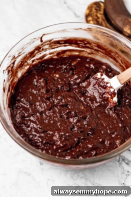 Fudgy Vegan Chocolate Banana Bread 10 Fully mixed chocolate banana bread batter in a mixing bowl, smooth and ready for baking.