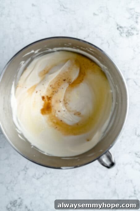 Vanilla extract being added to the creamy vegan cheesecake filling mixture, enhancing its aroma and flavor.