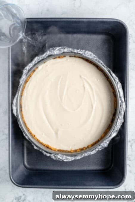 The unbaked vanilla cheesecake, perfectly smooth in the springform pan, ready for the water bath and oven.