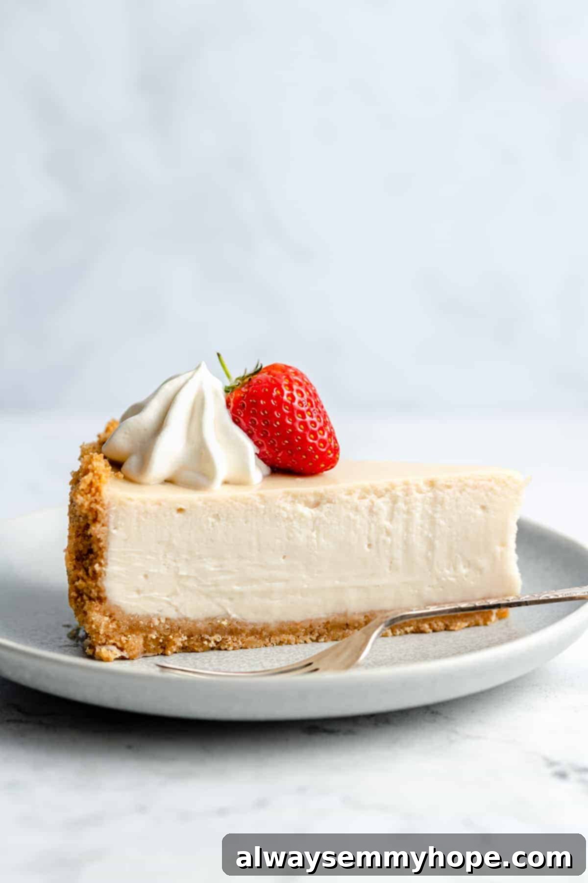 A beautiful slice of vanilla vegan cheesecake topped with a single fresh strawberry, on a white plate.