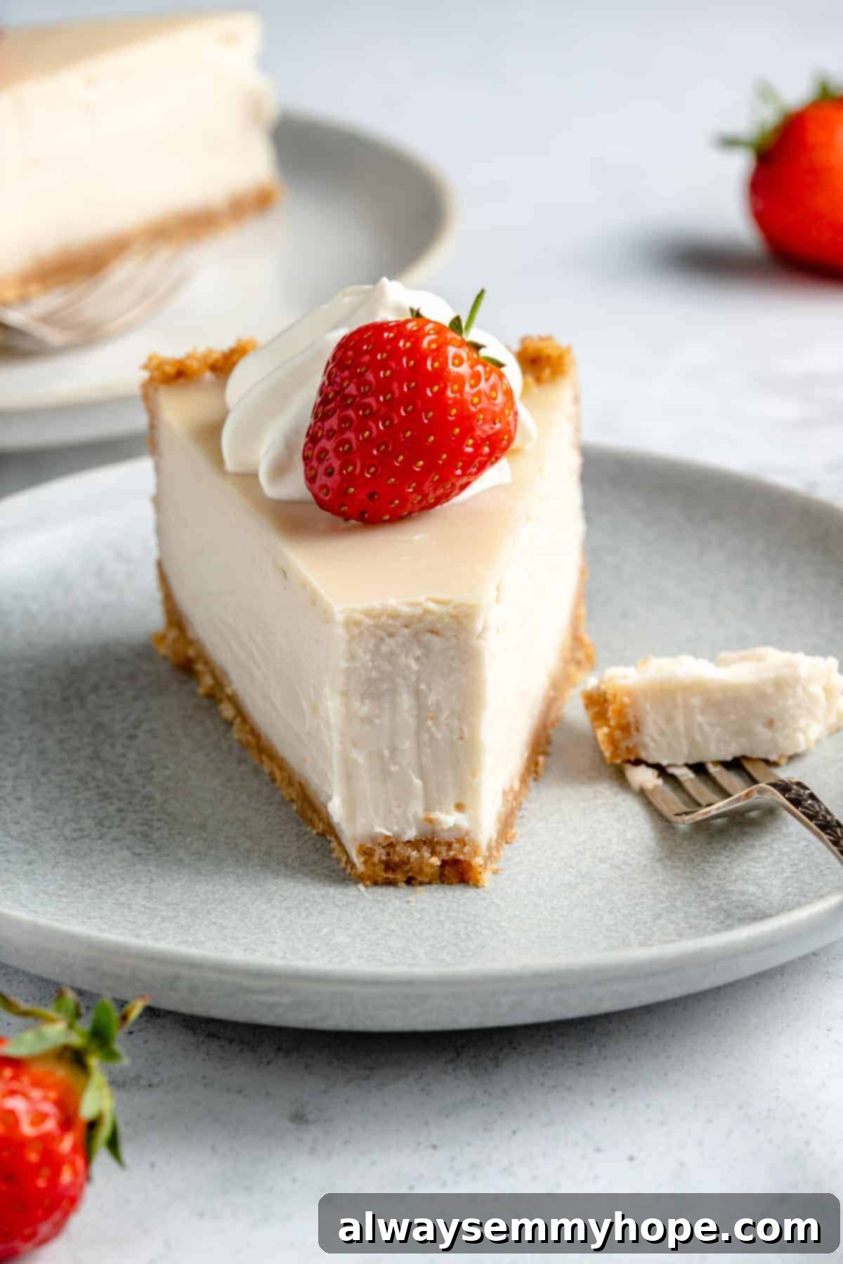 A slice of vegan cheesecake with a small bite taken out, showing its perfect creamy texture and inviting appearance.