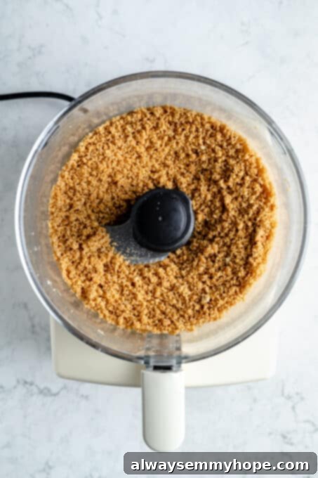 The graham cracker crust mixture, now combined with melted vegan butter, showing its perfectly crumbly yet cohesive texture in the food processor.