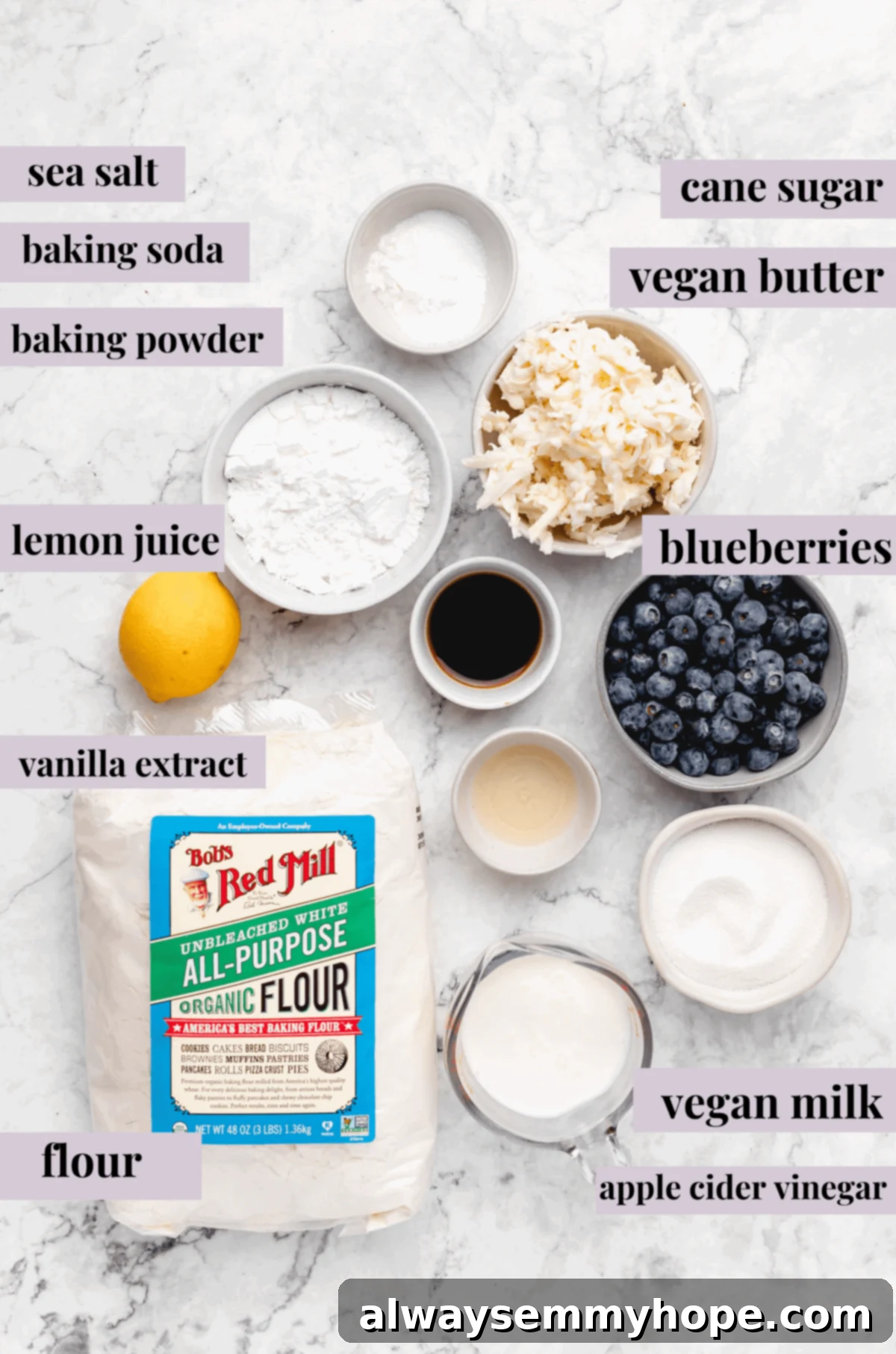 Fluffy Vegan Scones 3 Labeled ingredients laid out on a surface for making vegan scones