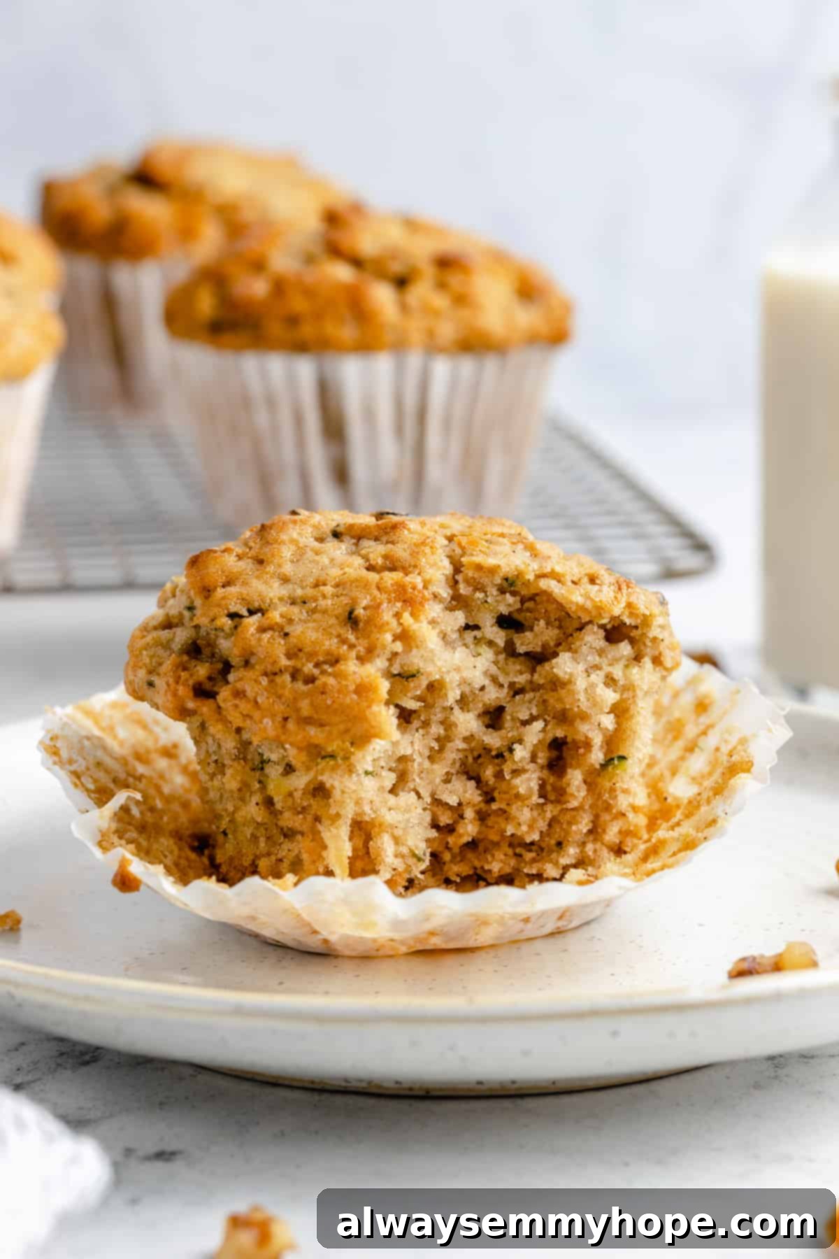 Garden-Fresh Vegan Zucchini Muffins 2 Zucchini muffin with a bite taken out of it, revealing its moist interior.