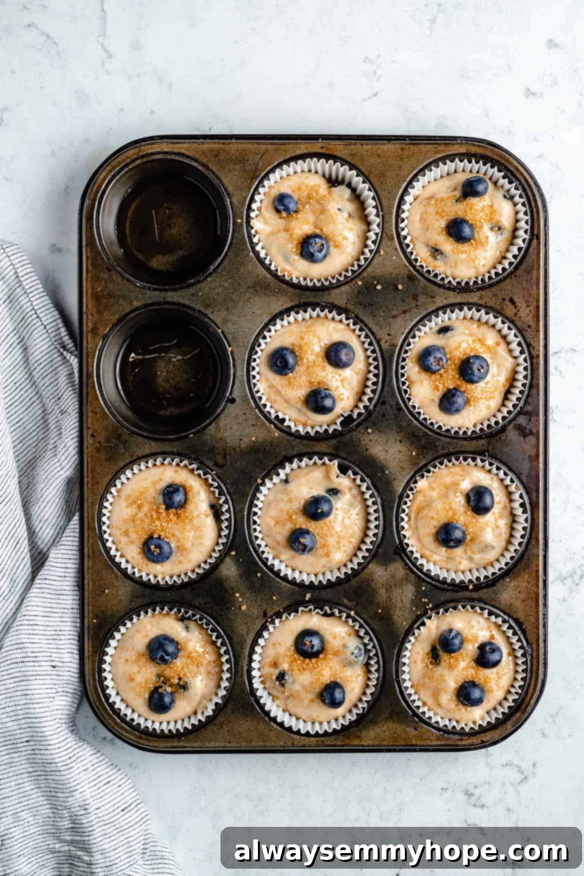 Ultimate Vegan Blueberry Muffins 14 Muffin batter scooped into a muffin pan, topped with extra blueberries and coarse sugar, ready for baking.