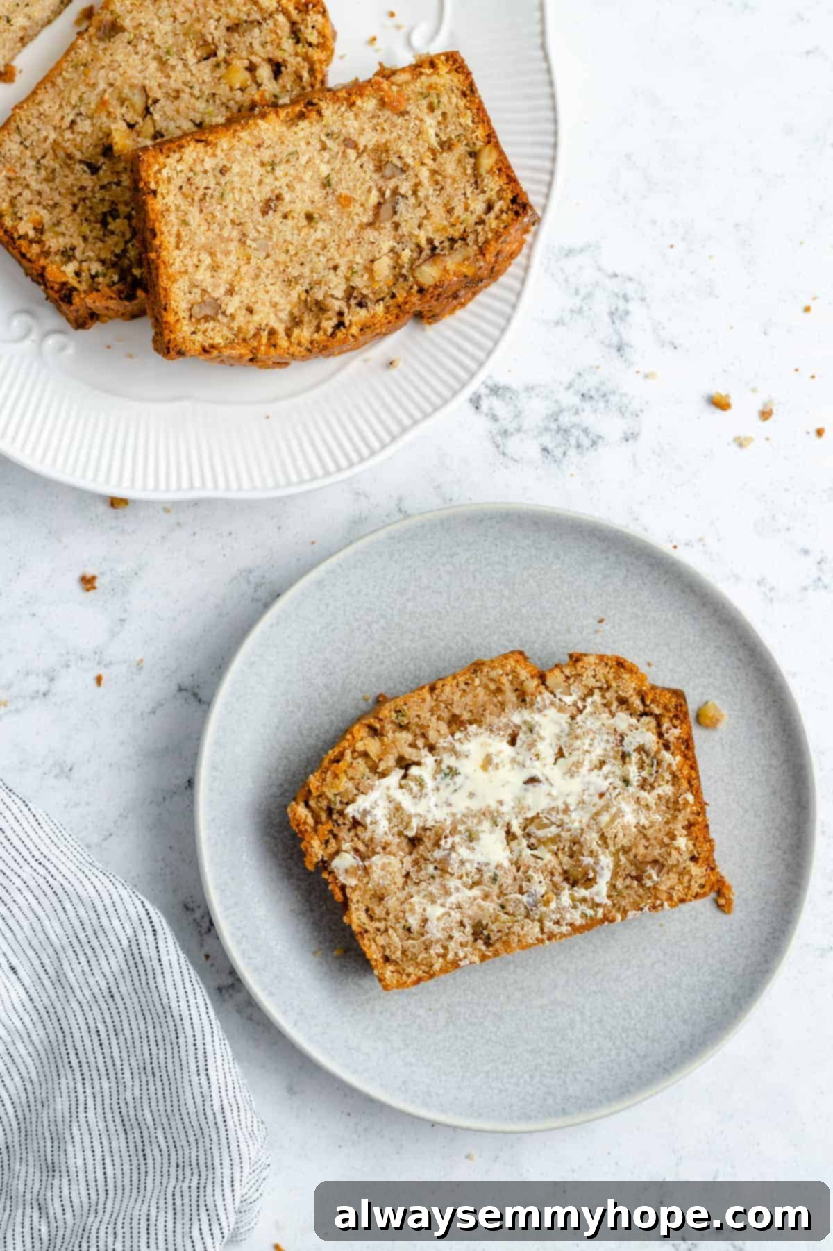 Zucchini and walnut bread with vegan butter.