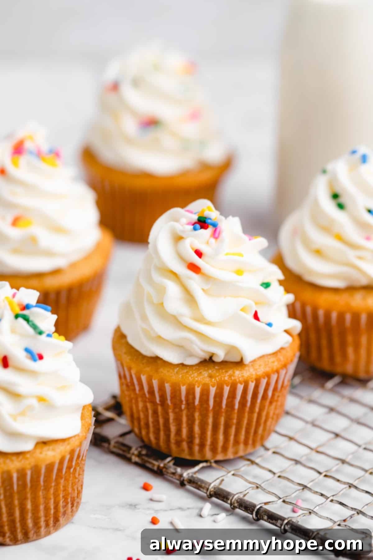 Delicious vegan vanilla cupcakes with vibrant rainbow sprinkles, ready to be enjoyed.