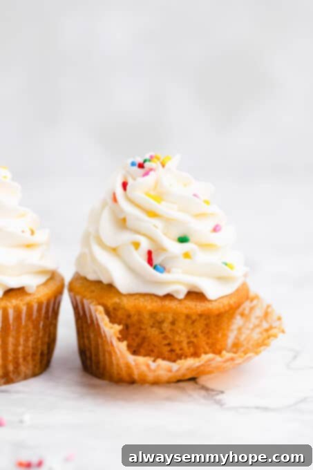 A vegan vanilla cupcake still in its wrapper, showing its perfect dome.